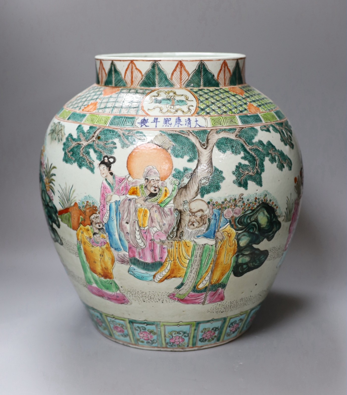 A large Chinese famille rose jar, 39 cms high